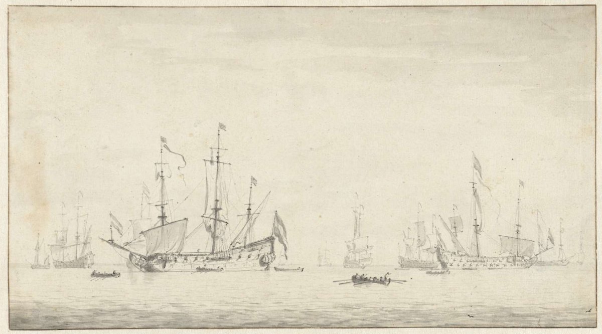 Anchored ships, Willem van de Velde (II), 1643 - 1707