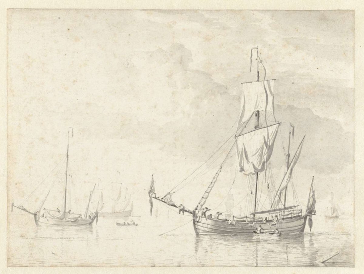 Some vessels on a calm sea, Willem van de Velde (II), 1674