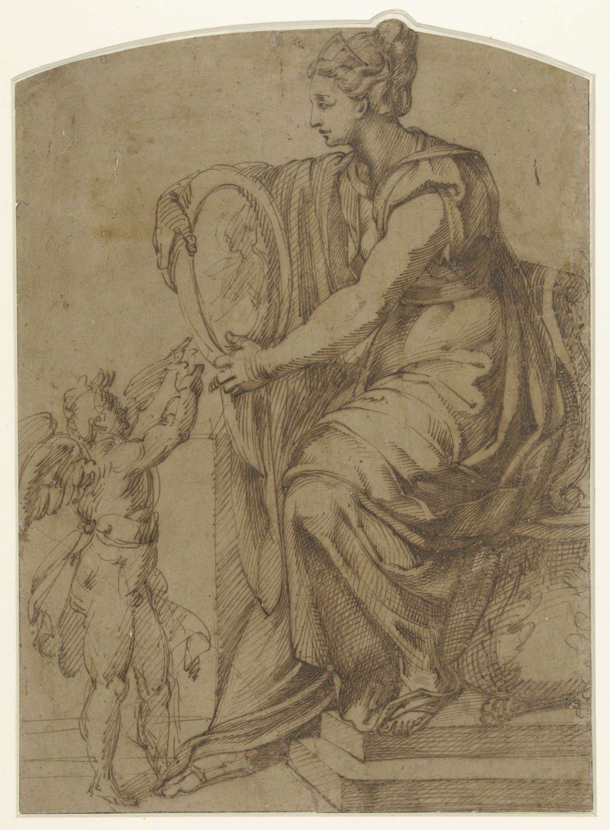 Woman with a mirror sitting on a throne (Prudentia?), Bartolomeo Passarotti, 1538 - 1592