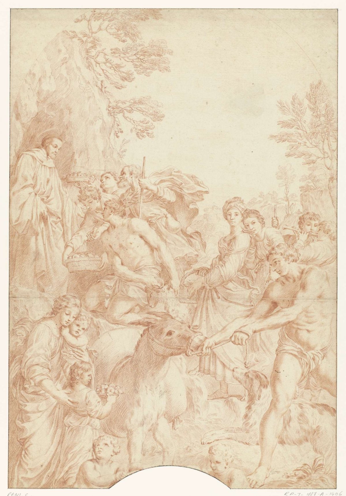 H. Benedict as hermit receives gifts from countrymen, anonymous, 1585 - 1692