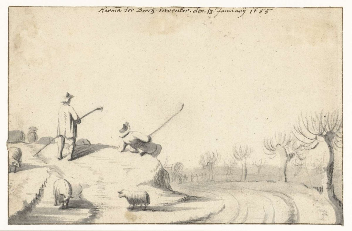 Two shepherds and their flock on a hillside, Harmen ter Borch, 1655
