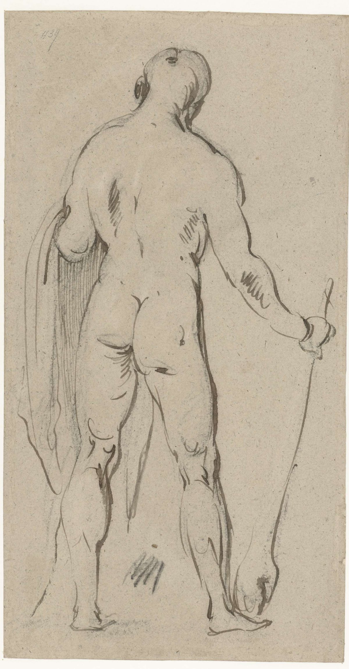 Standing male nude, seen from behind (Hercules?), Jan Philipsz. van Bouckhorst, 1600 - 1631