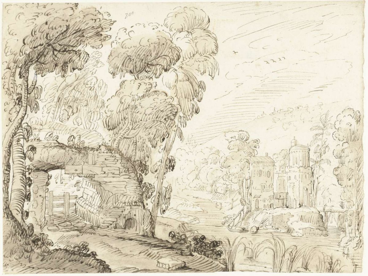 Idealized Italian landscape with a dilapidated bridge and a castle, Gerard ter Borch (I), 1614 - 1616