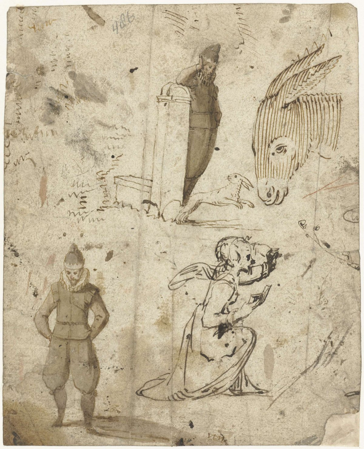 Studies of an angel, a man, a donkey and a rabbit, Gerard ter Borch (I), c. 1600 - 1625