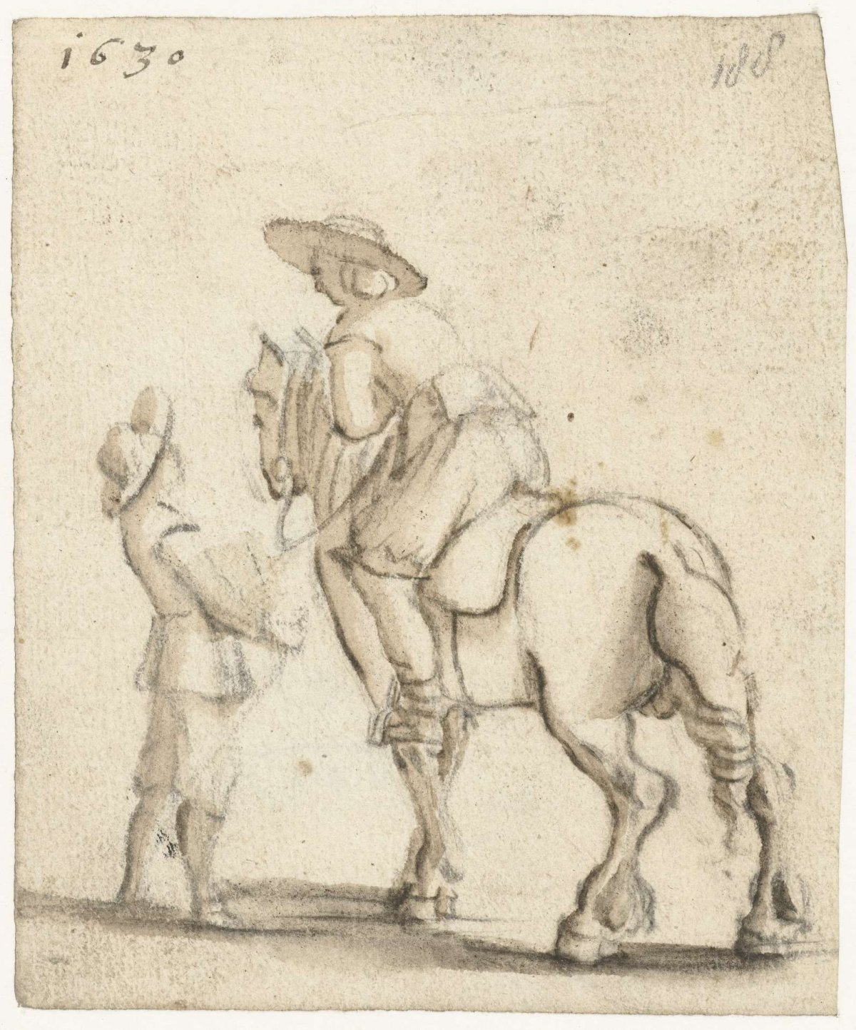 Rider on horseback talking to a young boy, Gerard ter Borch (II), 1630