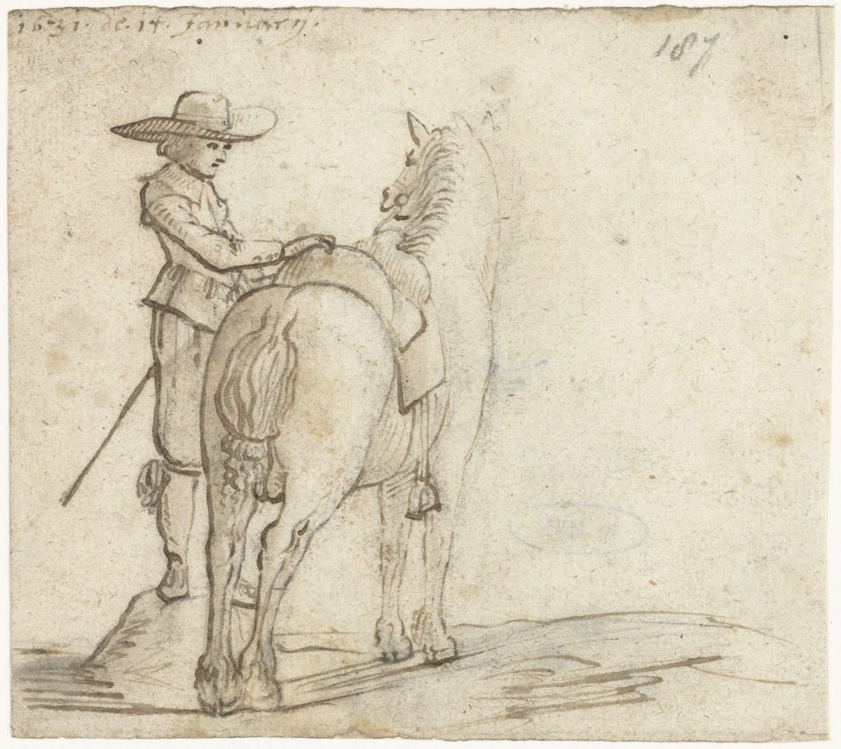 Man shifting the saddle of a horse, Gerard ter Borch (II), 1631