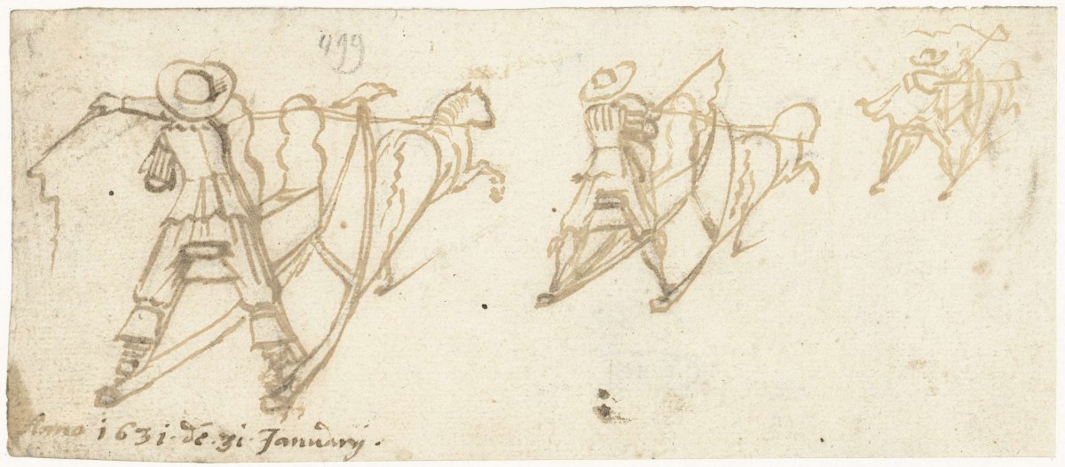 Three studies of a sled with a horse in front of it, Gerard ter Borch (II), 1631