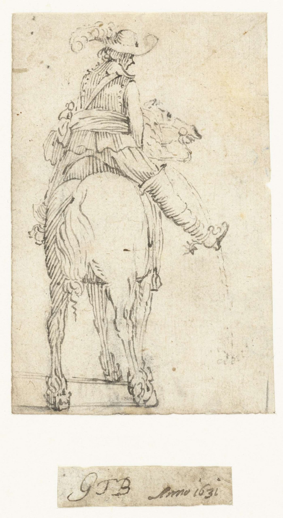 Officer on horseback, urinating, seen from behind, Gerard ter Borch (II), 1631