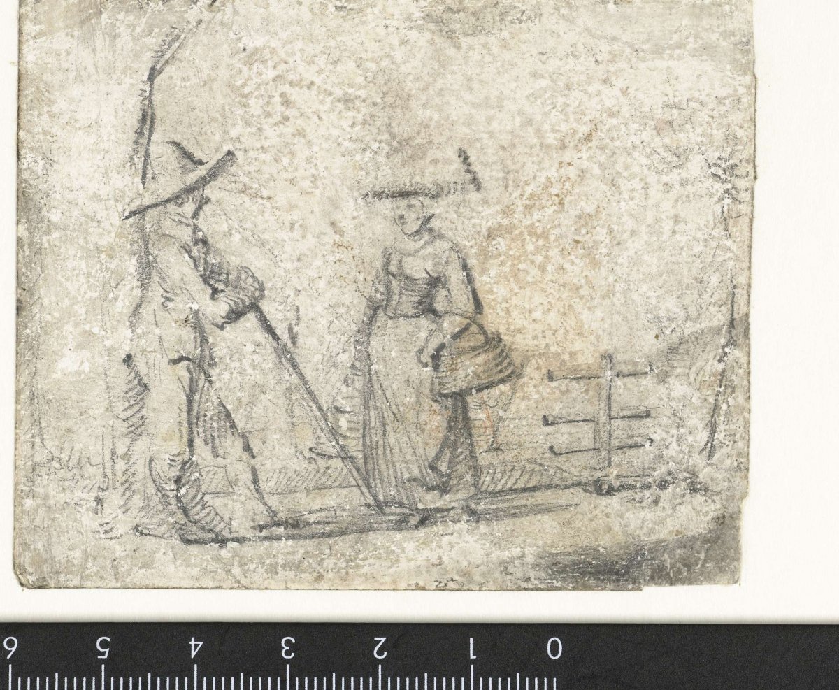 Man and woman talking at a fence, Harmen ter Borch, 1650