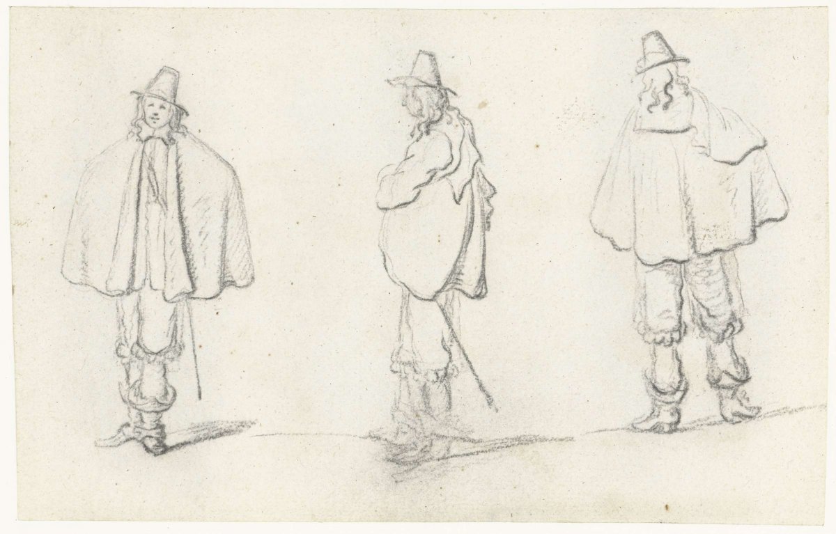 Three studies of a man wearing a cape, Gerard ter Borch (II), in or after c. 1640 - 1645