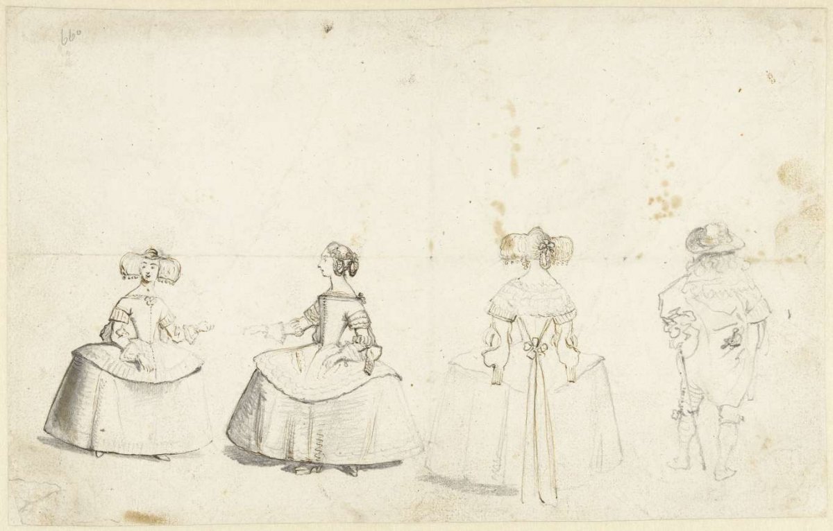 Three women in Spanish dress, and a man, Gerard ter Borch (II), 1647 - 1648
