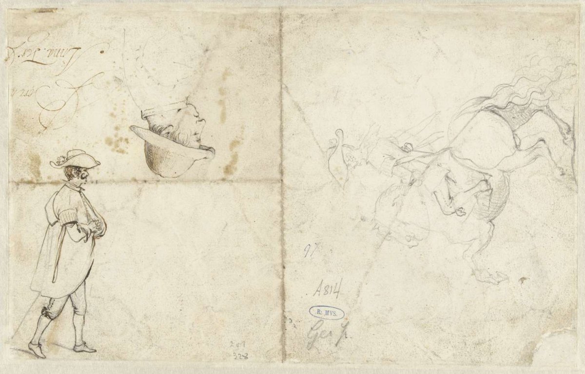 Study sheet showing a Spanish horseman, a Spanish gentleman and the head of a boy, Gerard ter Borch (II), 1647 - 1648