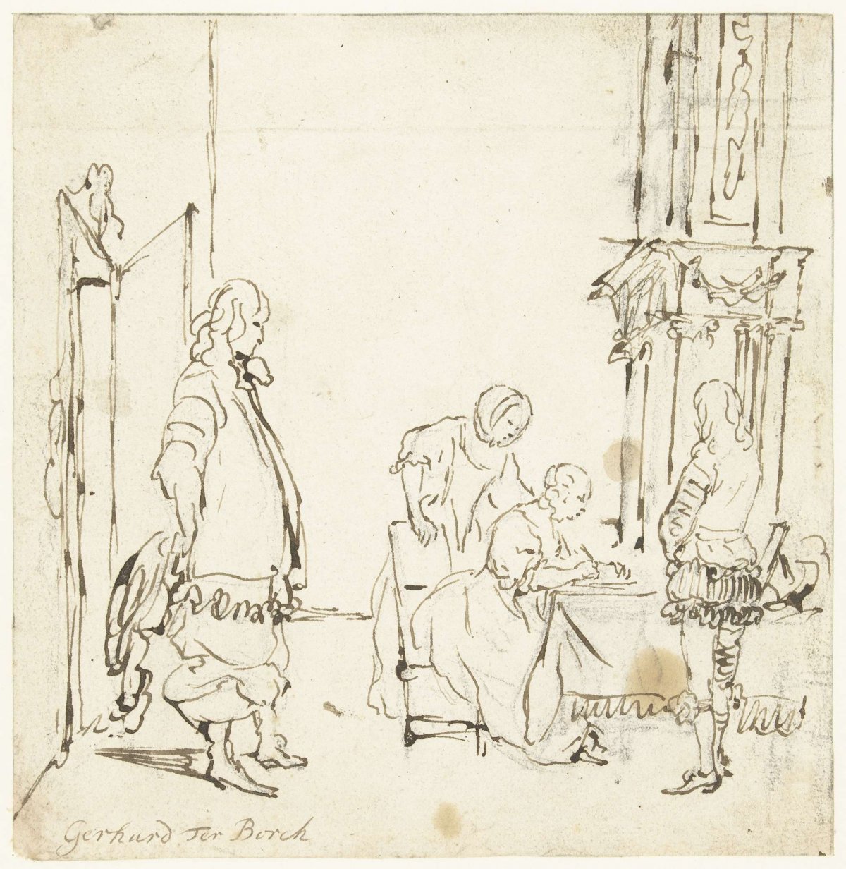 Interior with a letter-writing woman, a waiting man and two onlookers, Gerard ter Borch (II), c. 1655 - 1665