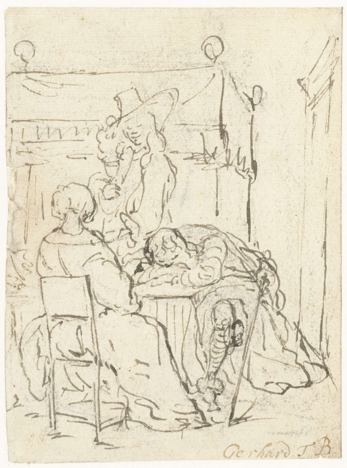 Drinking scene with a seated lady, a sleeping soldier and a standing gentleman, Gerard ter Borch (II), 1655 - 1661