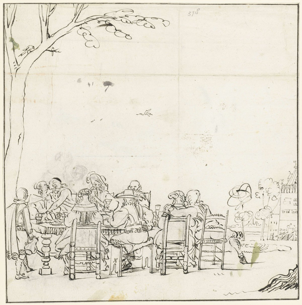 Cheerful company at an outdoor table, Gesina ter Borch, c. 1659 - c. 1661