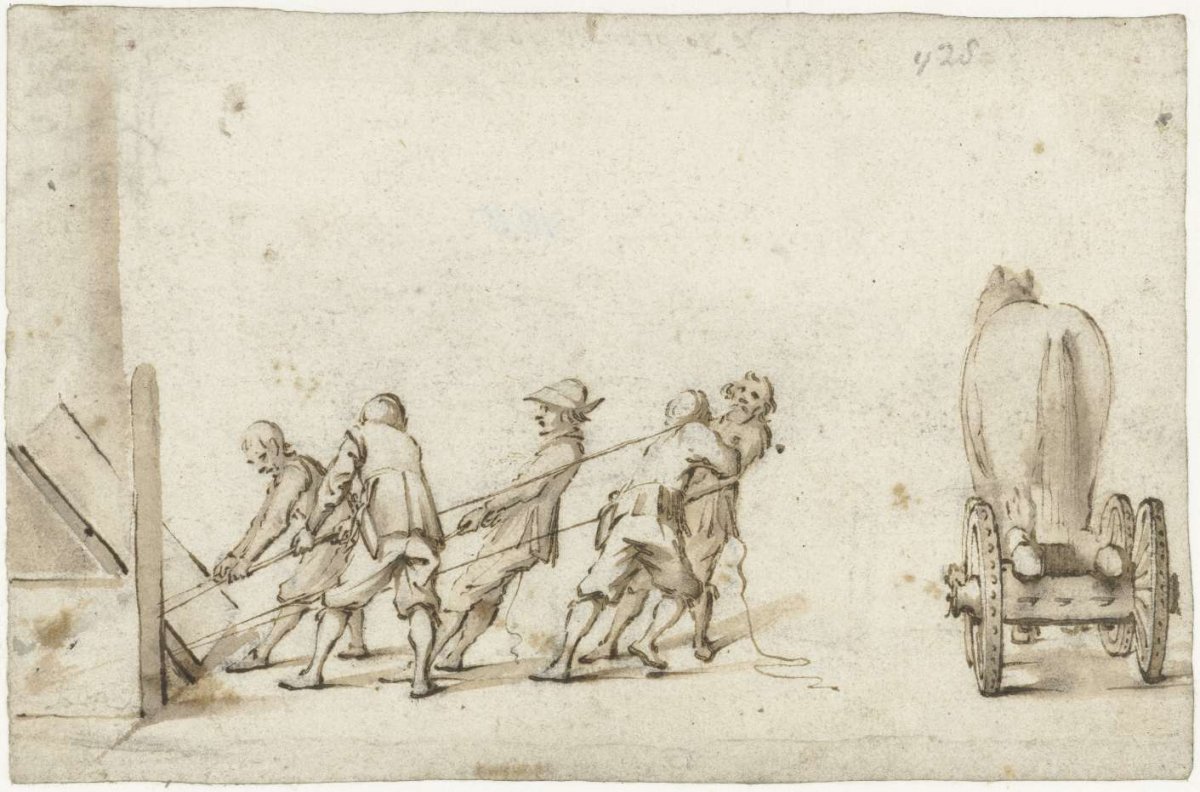 Five men pulling a heavy object from a basement, Gerard ter Borch (II), 1633