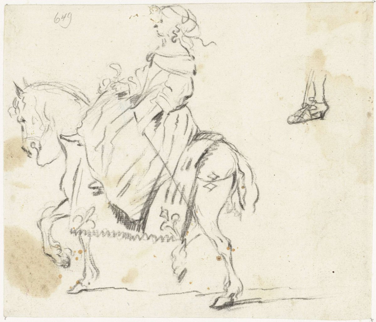 Woman on horseback, viewed from the side, with sketch of a lower leg and foot, Gesina ter Borch, c. 1656 - before 1660