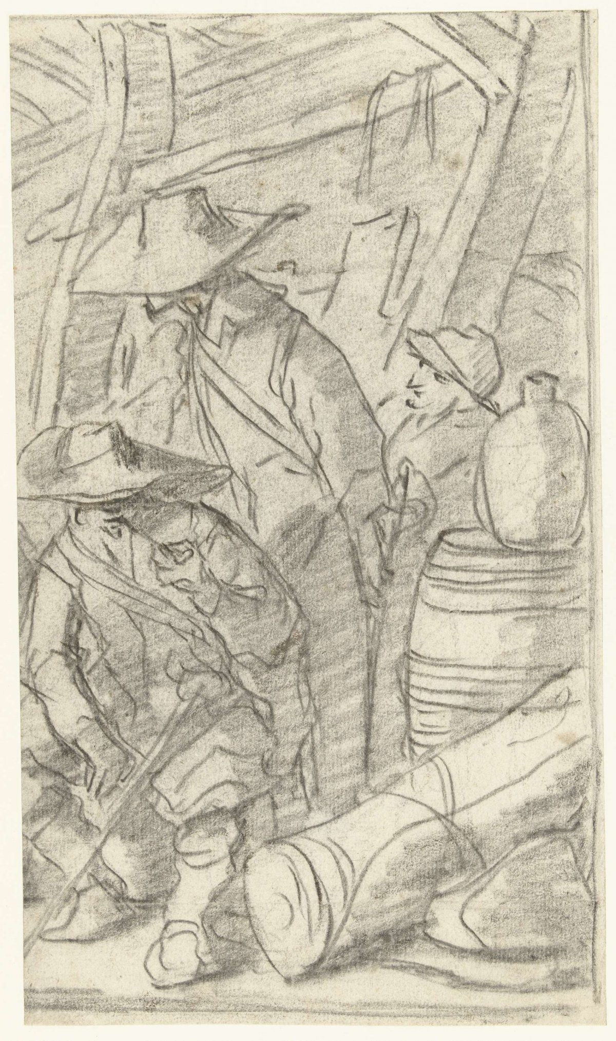 Three men in an army camp, Gerard ter Borch (II), c. 1634 - 1635