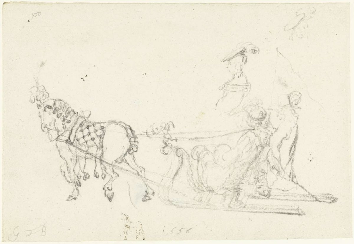 Horse with sleigh and some sketches, Gerard ter Borch (II), 1656