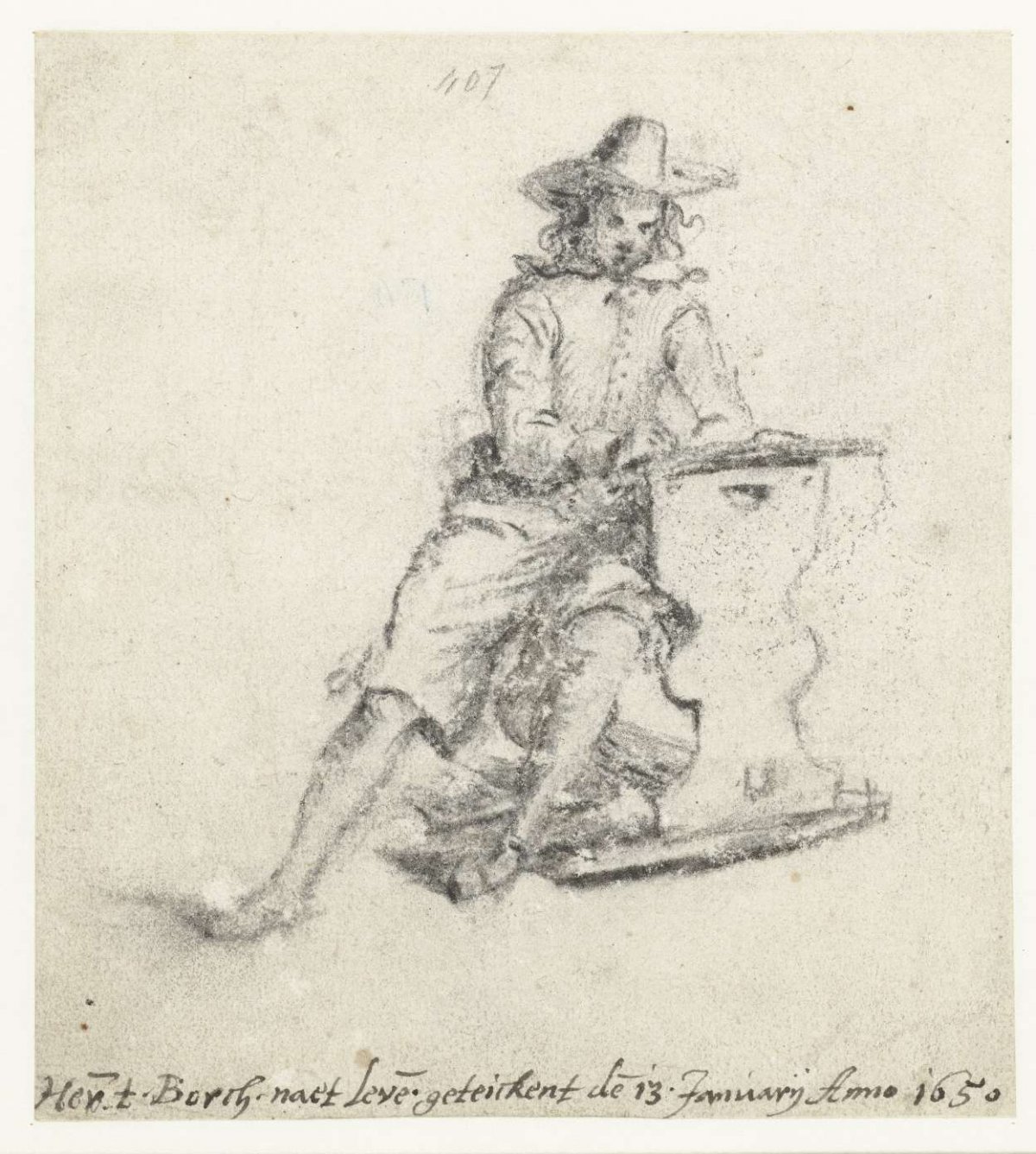 Seated, drawing man (Gerard de Jonge?)., Harmen ter Borch, 1650