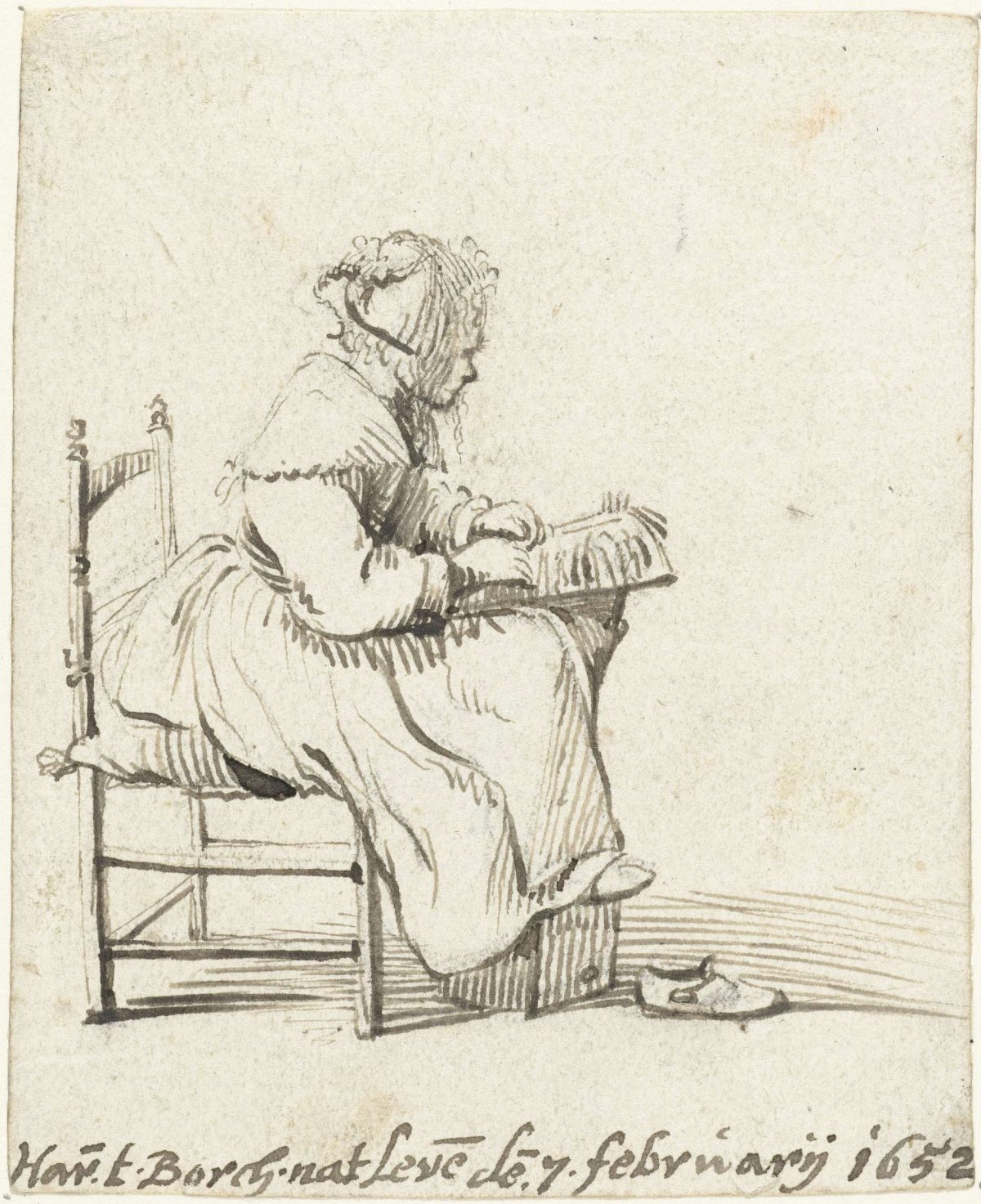 Young woman busy making lace, in profile, Harmen ter Borch, 1652