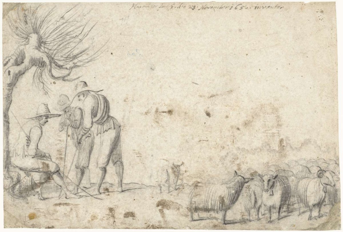 Three shepherds in conversation beside a flock of sheep, Harmen ter Borch, 1650