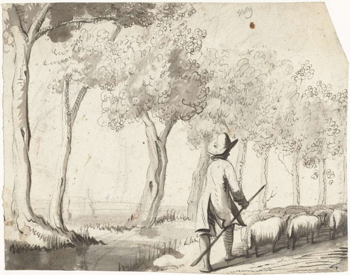 Shepherd and his flock walking on a path along trees, Harmen ter Borch, 1651