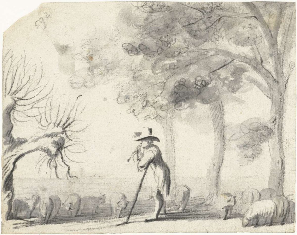 Herder fluit spelend tussen zijn schapen, Harmen ter Borch, 1653