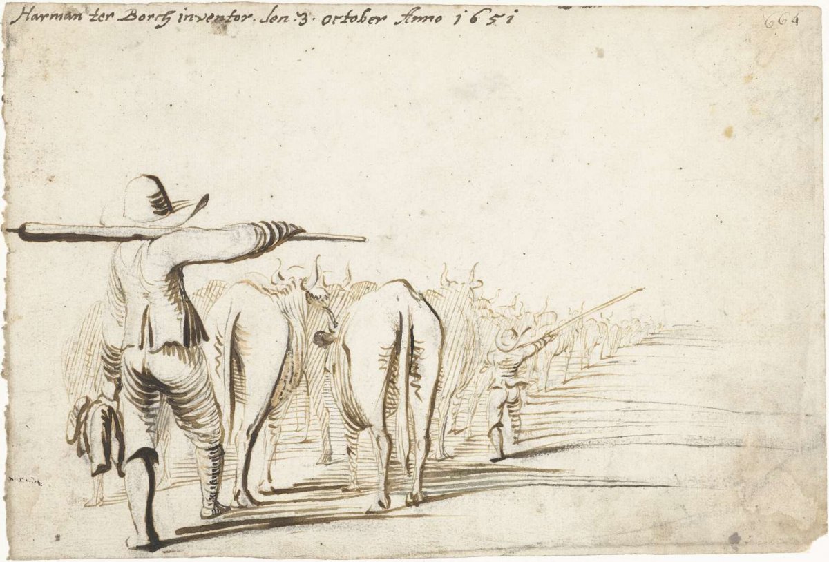 Two cowherds drive their cattle, from behind, Harmen ter Borch, 1651
