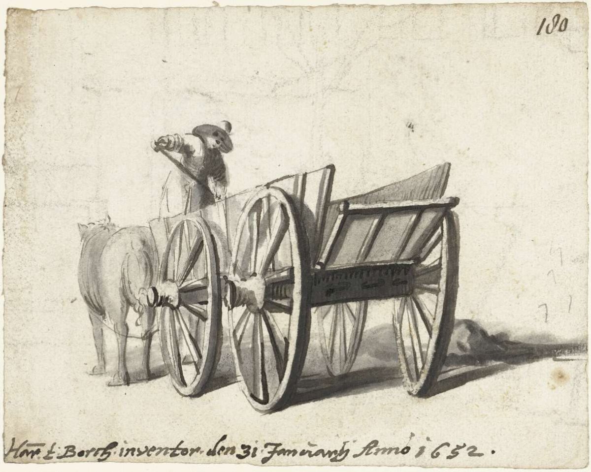 Man working on a cart with horses in front of it (shoveling manure?), Harmen ter Borch, 1652