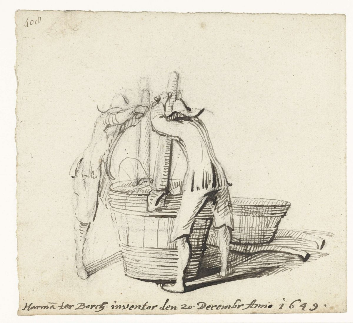 Two men stomp wax in a barrel, Harmen ter Borch, 1649