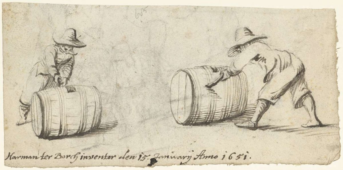 Two studies of a young man rolling with a barrel, Harmen ter Borch, 1651