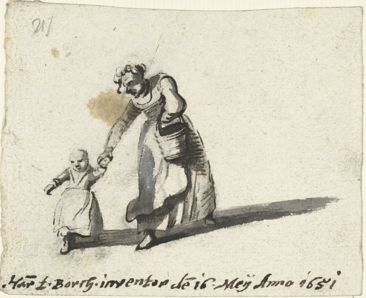 Woman stooping to take child's hand, Harmen ter Borch, 1651
