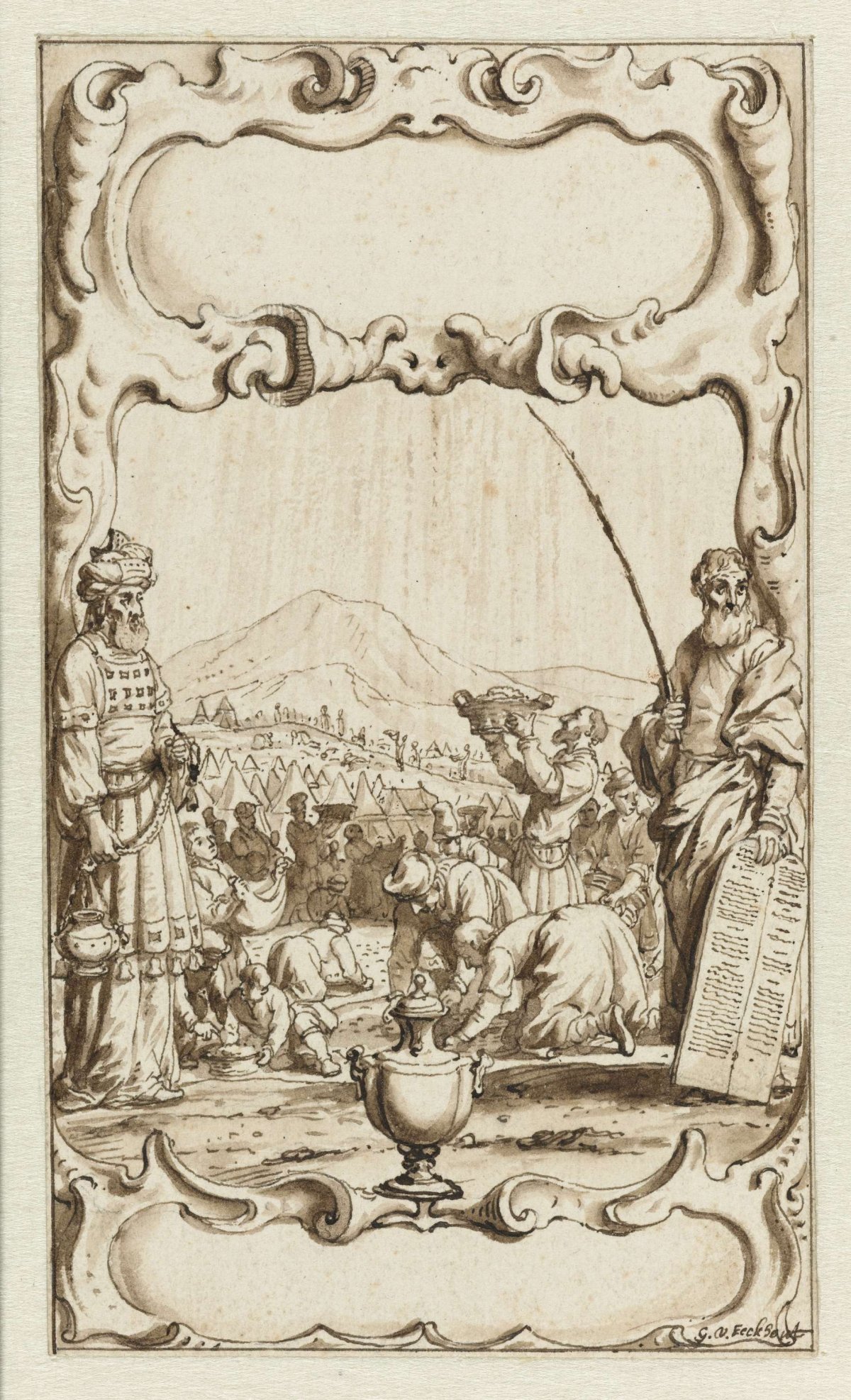 Title Page Design with the Gathering of the Manna, Gerbrand van den Eeckhout, 1667 - 1669