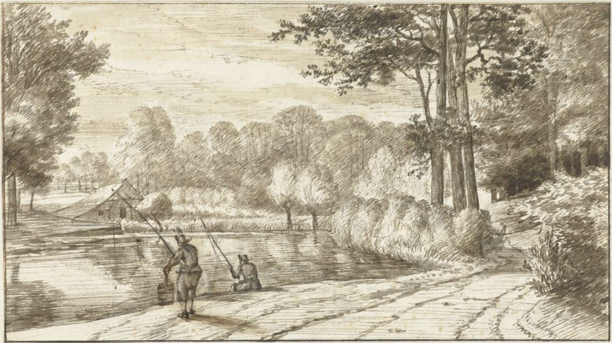 Landscape with Two Fishermen alongside a Road, Abraham Rutgers, c. 1682 - c. 1699