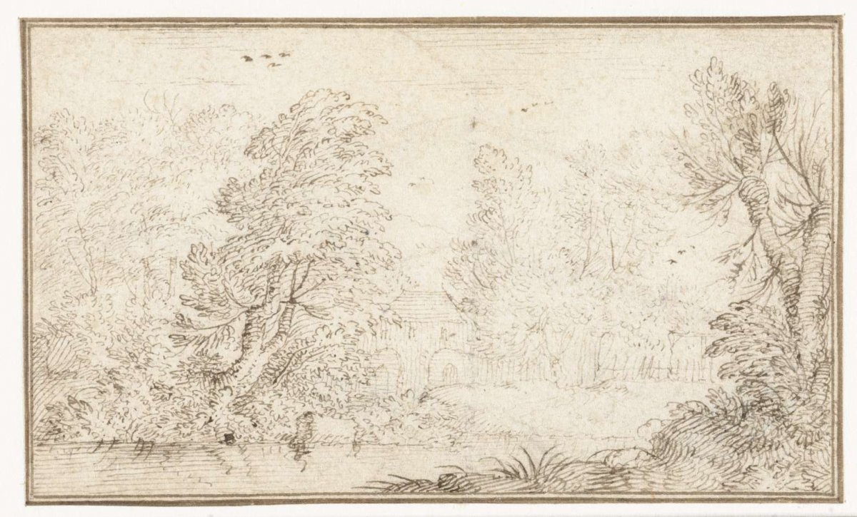Forest landscape with house by river, Albert Flamen, 1648 - 1669