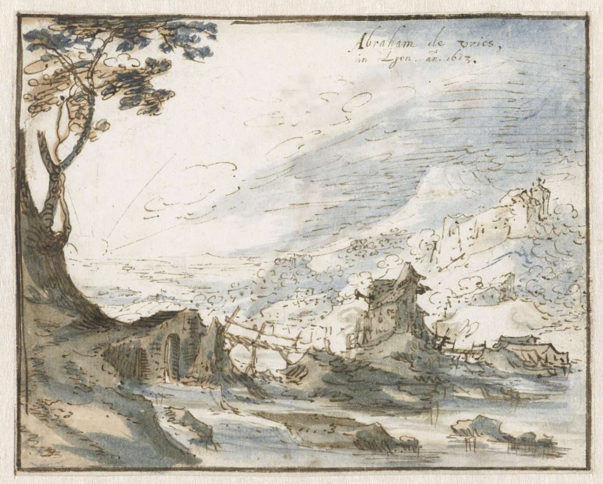 Mountainous landscape with a wooden bridge, Abraham de Vries, 1613