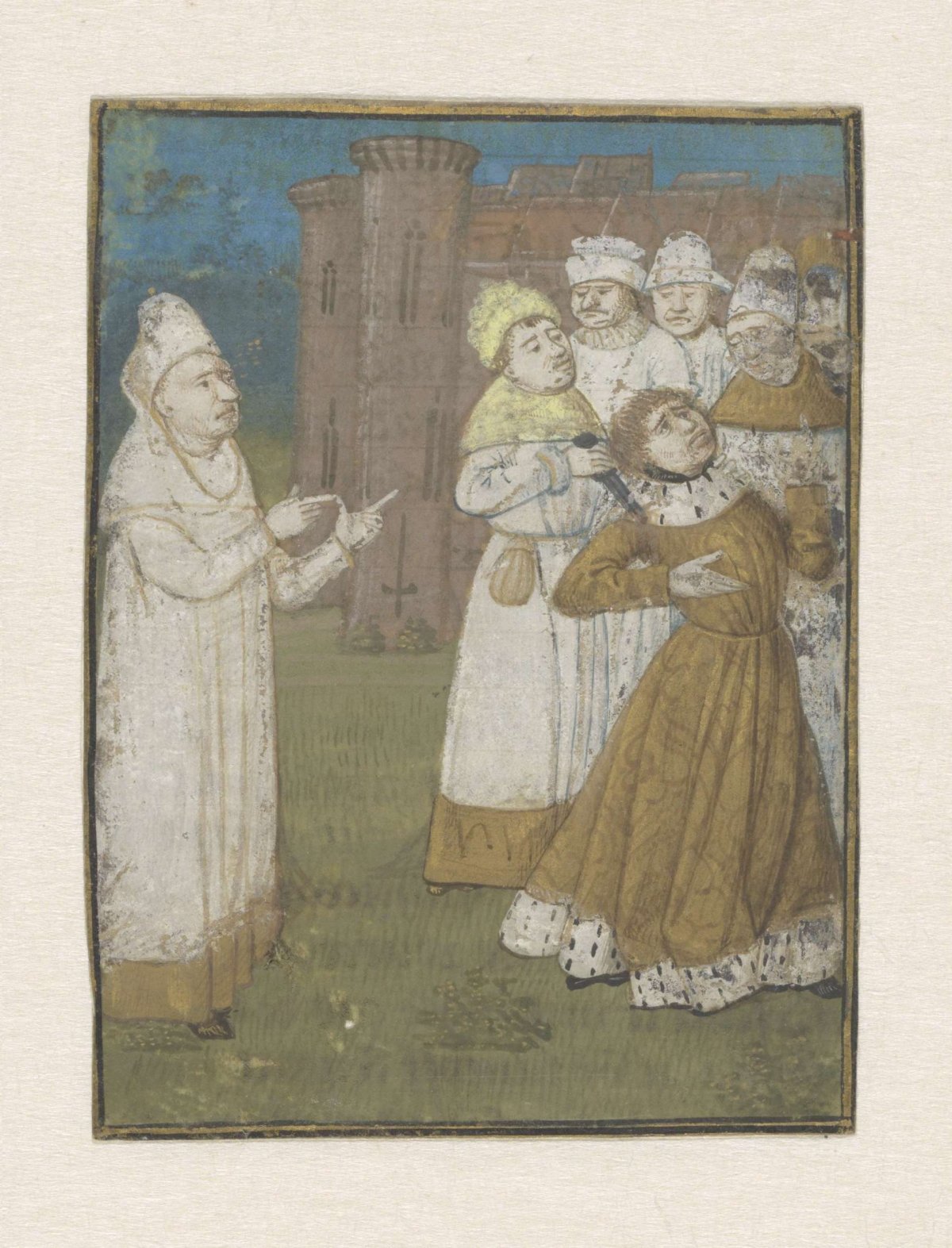 Boccacio, left, witnesses the stabbing of a king, anonymous, c. 1470