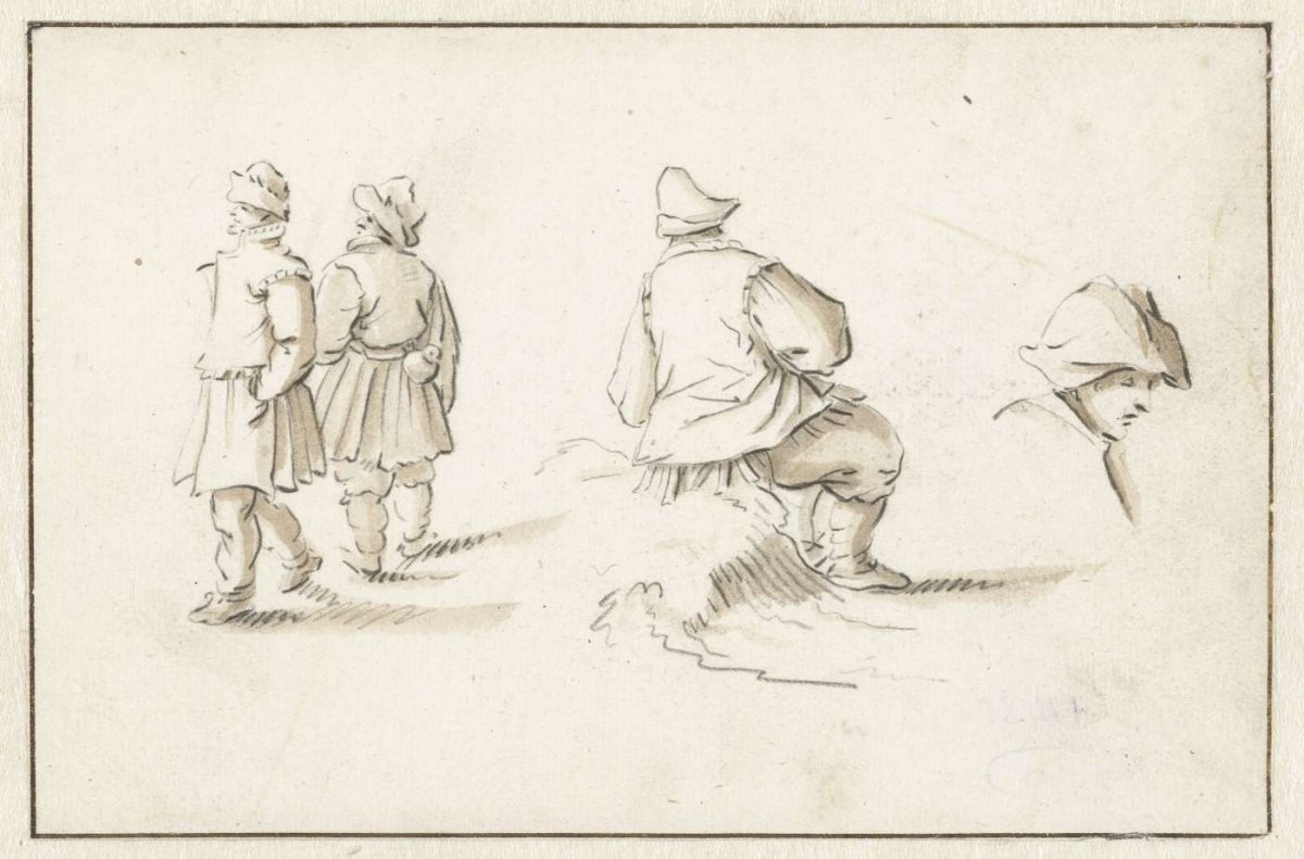 Two standing men, a seated man and a head study, Herman Saftleven, 1619 - 1685