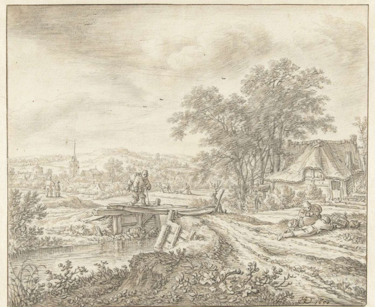 Hilly landscape with a farmhouse near a bridge, Herman Saftleven, 1650