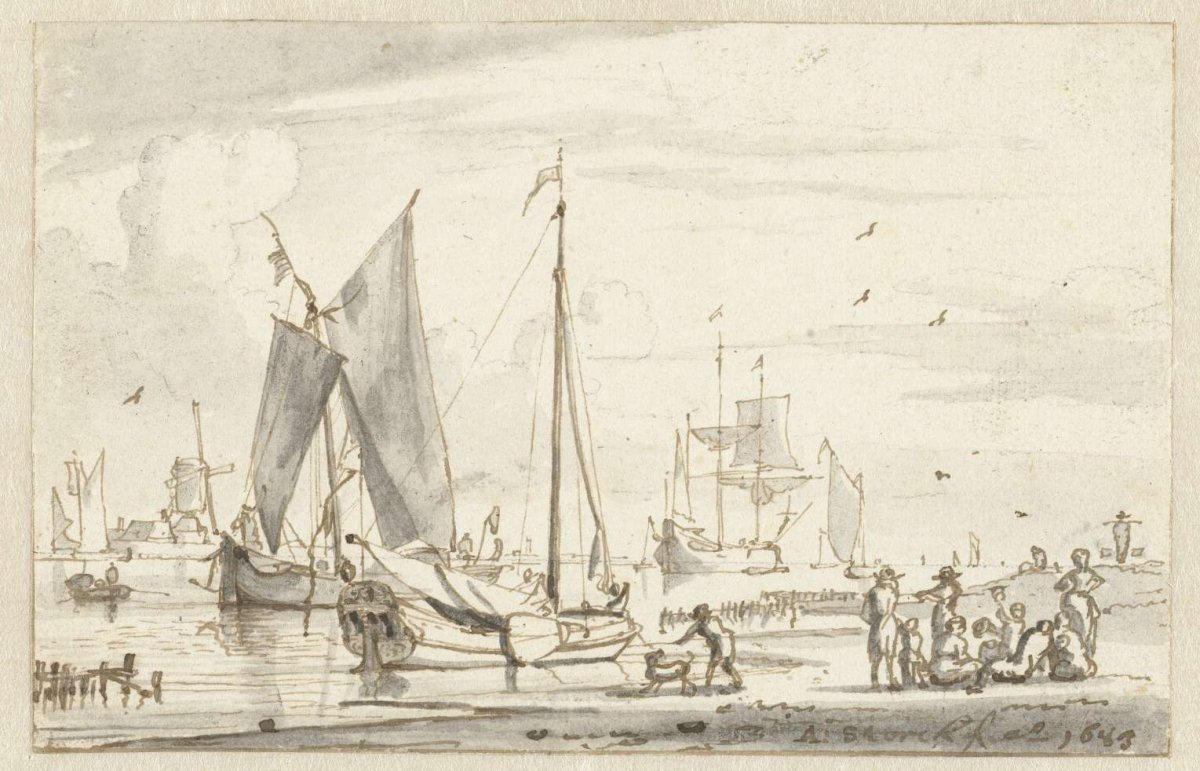 Riverbank with some ships, Abraham Storck, 1683