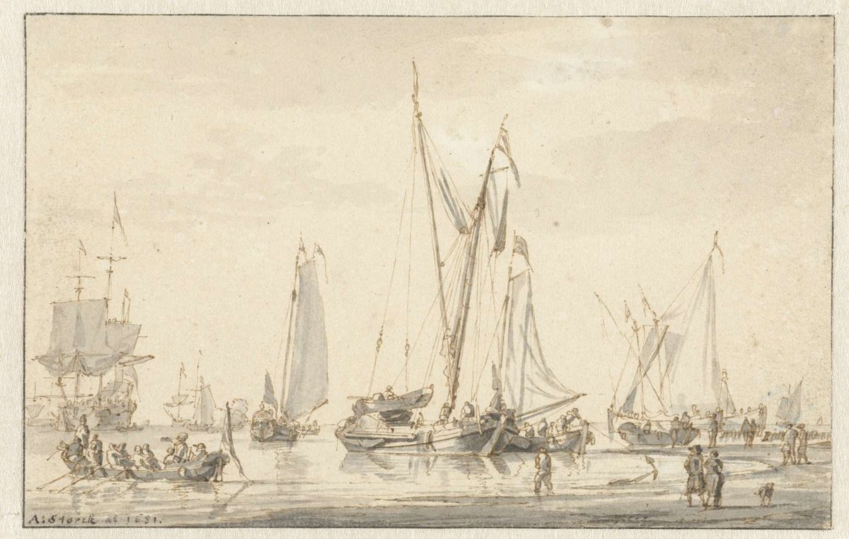 Beach view with moored ships, Abraham Storck, 1681