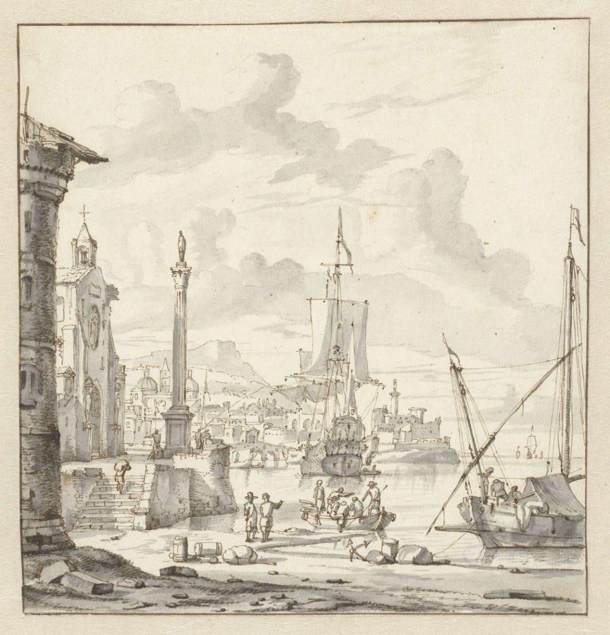 Italian port with fantasy architecture, Abraham Storck, 1675