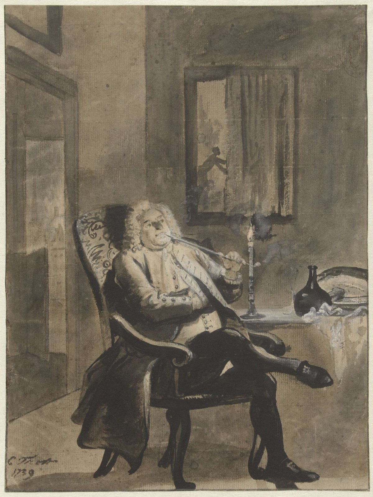 Seated Man Smoking a Pipe by Candlelight while Houses Outside Are Ablaze, Cornelis Troost, 1739