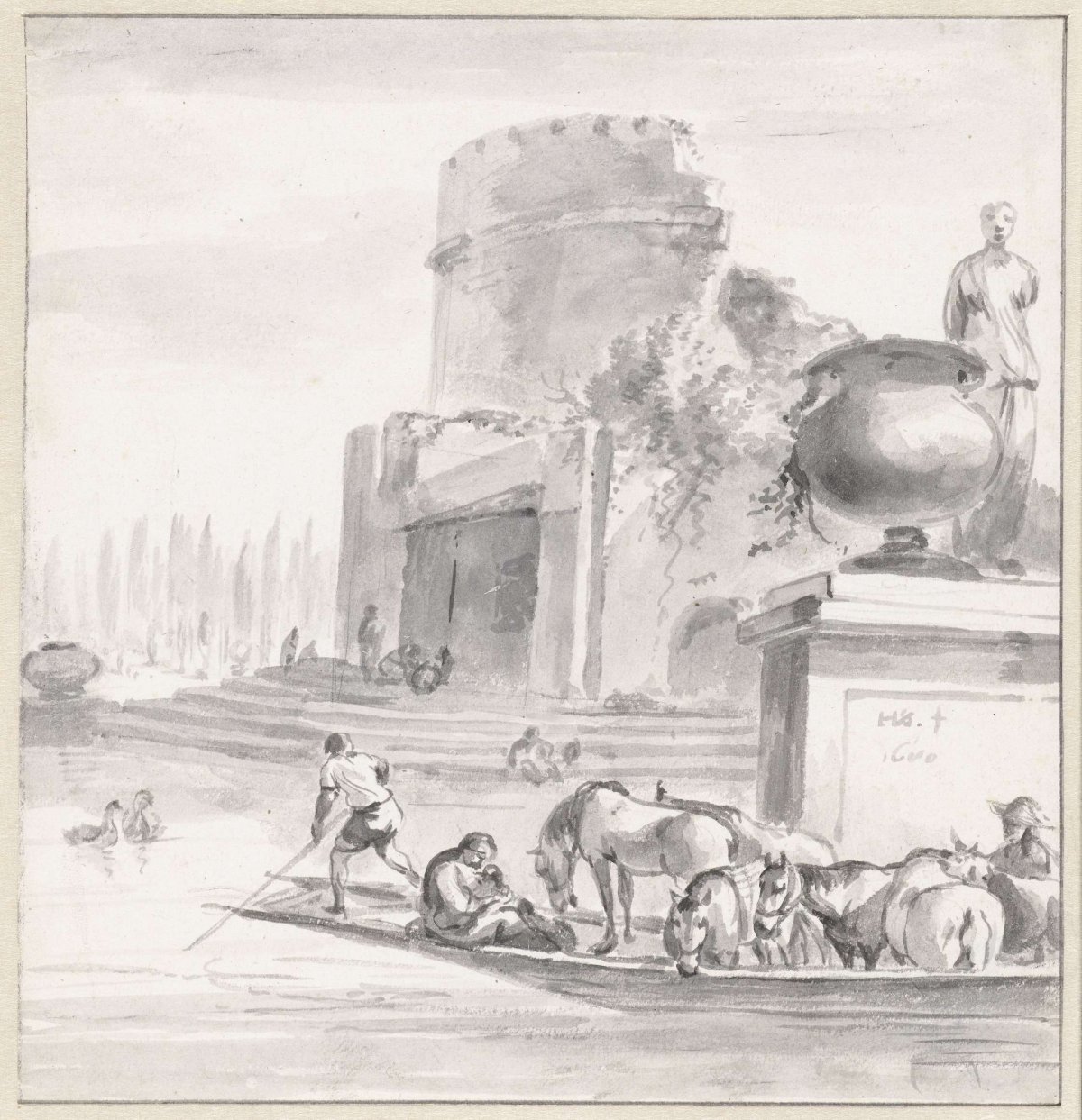 Boat with cattle on river near ruin, Hendrik Verschuring, 1680