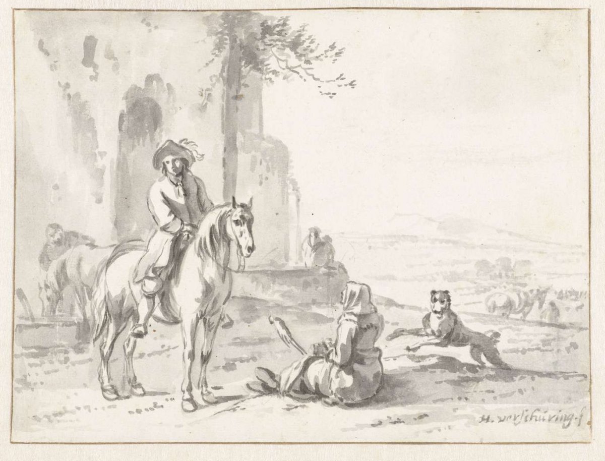 Rider near a spinning woman sitting on the ground, Hendrik Verschuring, 1637 - 1690