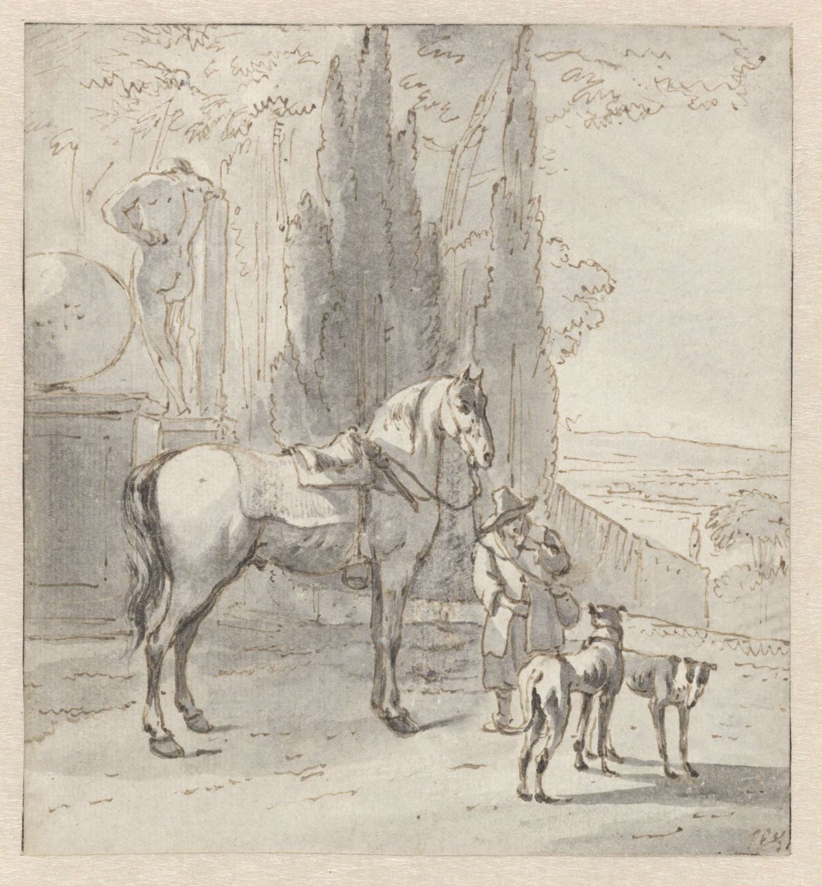 Man with a horse and two dogs at a park, Hendrik Verschuring, 1637 - 1690