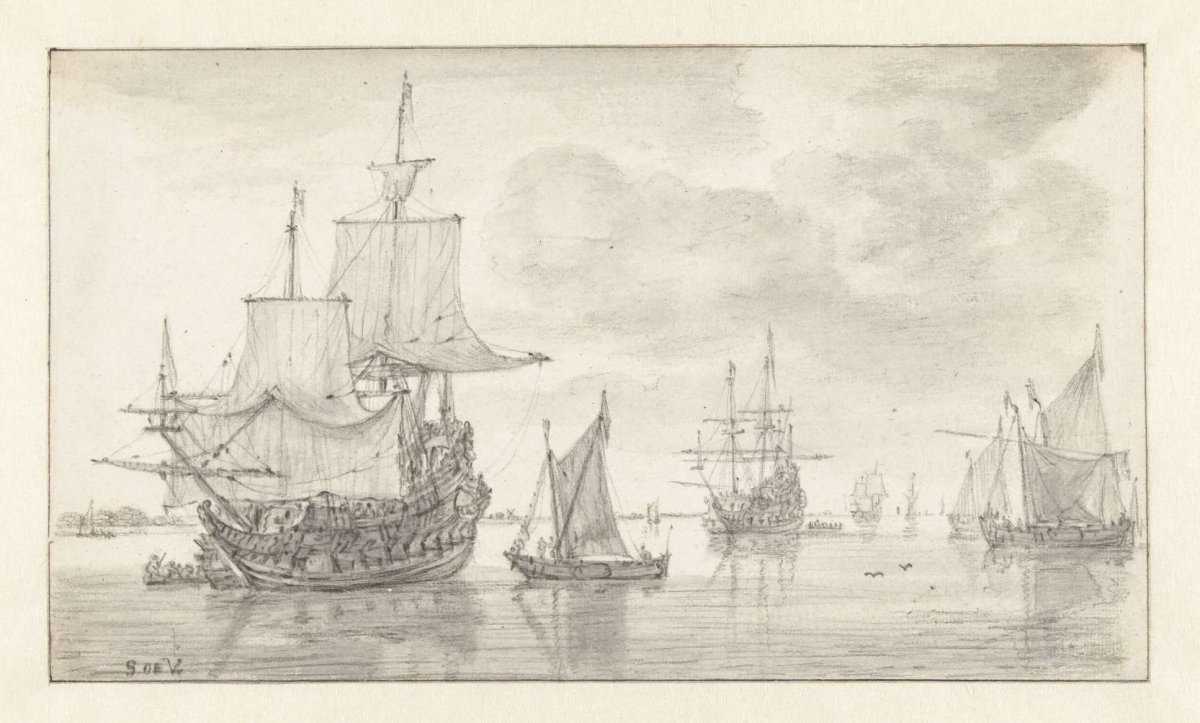 Two Becalmed War Frigates and Other Vessels, Simon de Vlieger, 1610 - 1653
