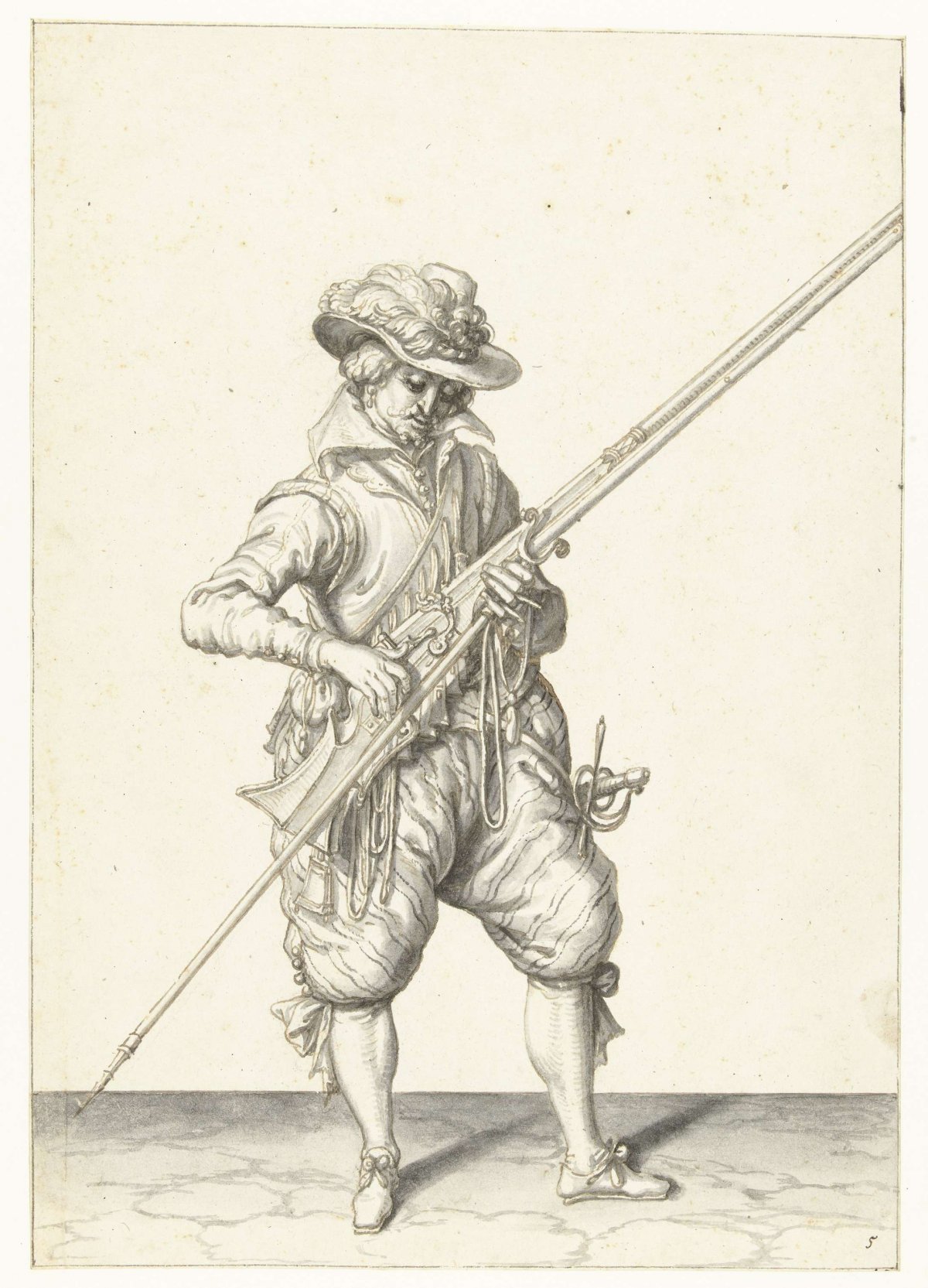 Soldier holding his musket with his left hand by his right side, Jacques de Gheyn (II), 1596 - 1606