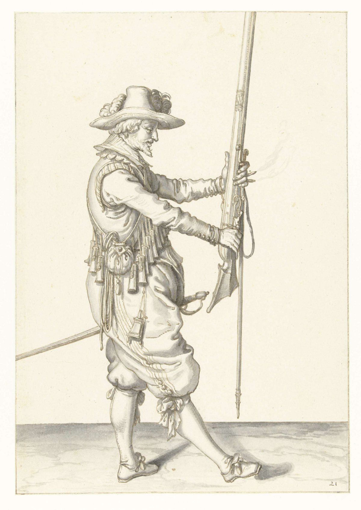 Soldier holding his musket with both hands upright in front of him, Jacques de Gheyn (II), 1596 - 1606